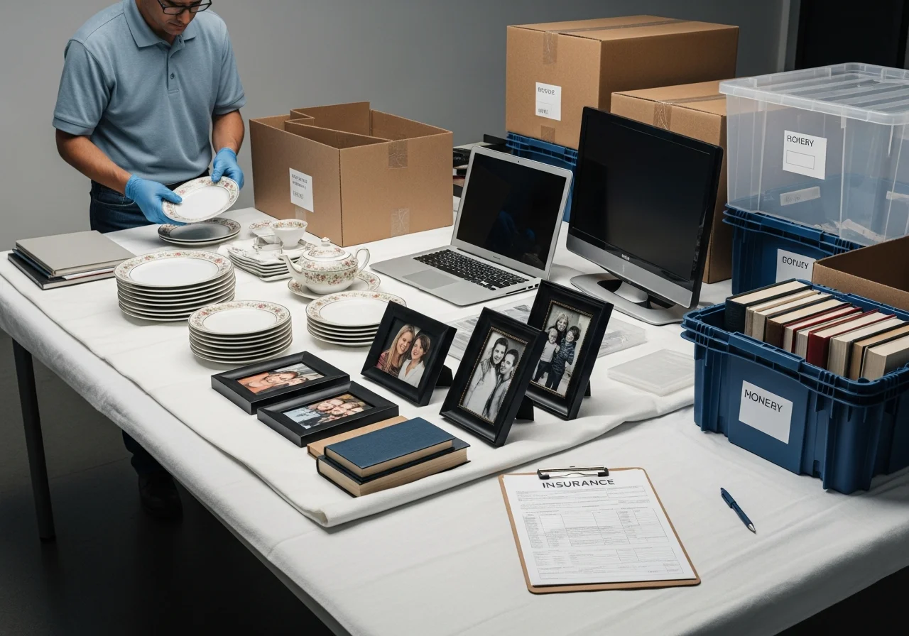 Palm Build contents restoration team carefully packing and inventorying belongings during pack-out at a Waxhaw NC home