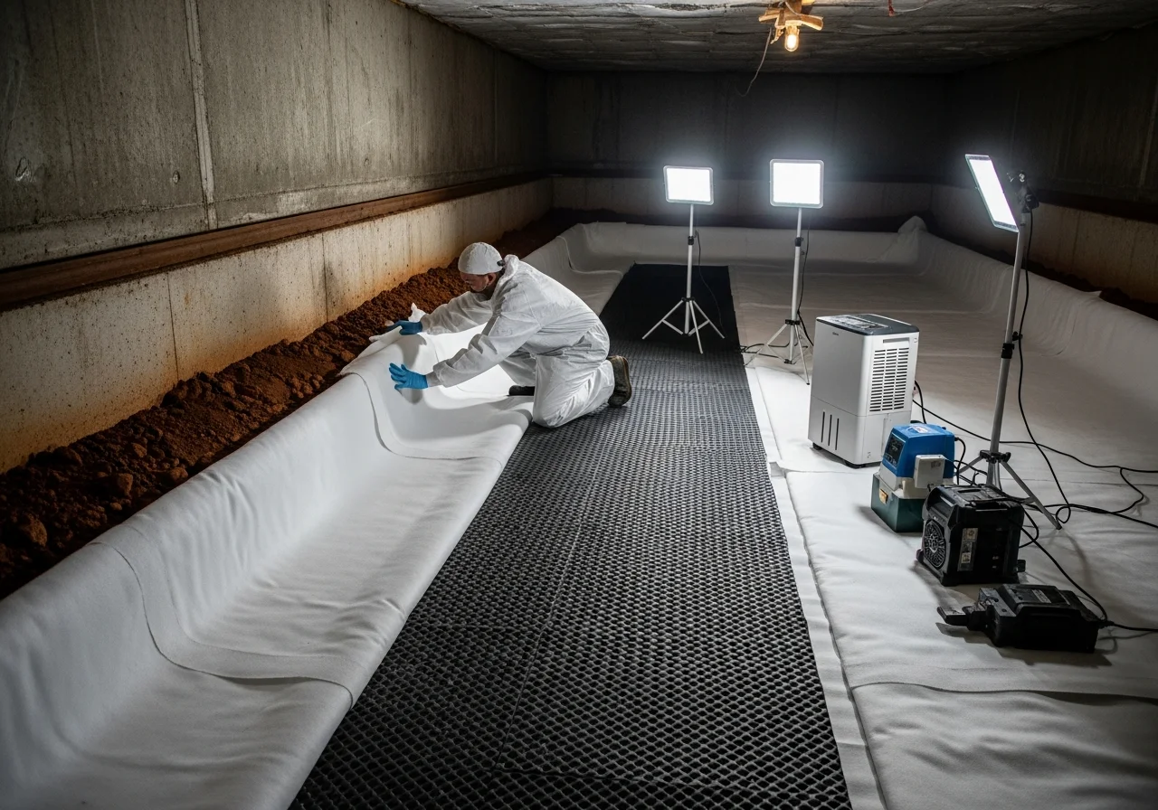 Professional crawl space encapsulation with white vapor barrier installed over Piedmont red clay soil in a Waxhaw NC home