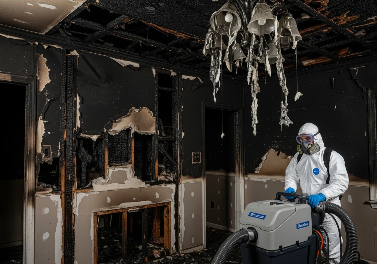 Interior fire and smoke damage in a Waxhaw North Carolina home showing soot deposits on walls and ceiling with restoration equipment staged