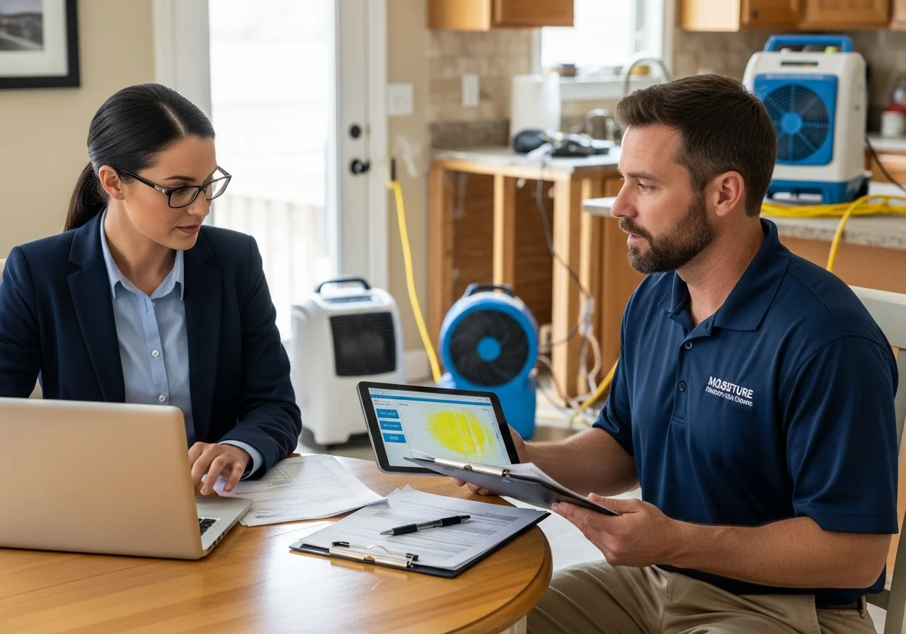 Palm Build project manager and insurance adjuster reviewing storm damage documentation at a Waxhaw NC home with drone roof inspection tablet visible
