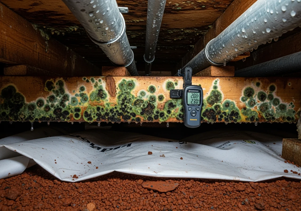 Mold growth on floor joists in a Waxhaw NC crawl space