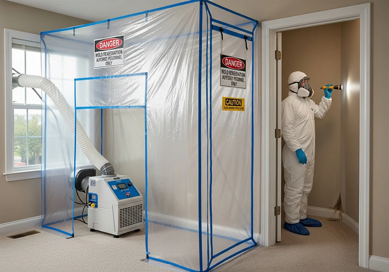 Palm Build mold remediation containment setup with HEPA air scrubber inside a Waxhaw NC home during professional mold removal