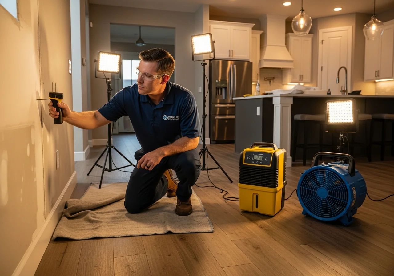 Palm Build technician using moisture meter during assessment at a Waxhaw NC home