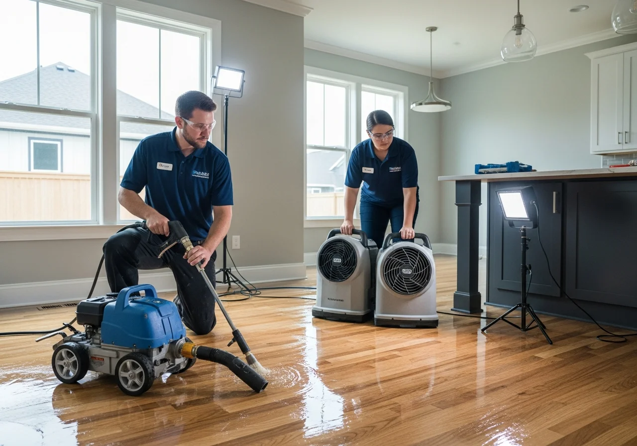 Palm Build restoration team performing water extraction on floors inside a Waxhaw NC suburban home