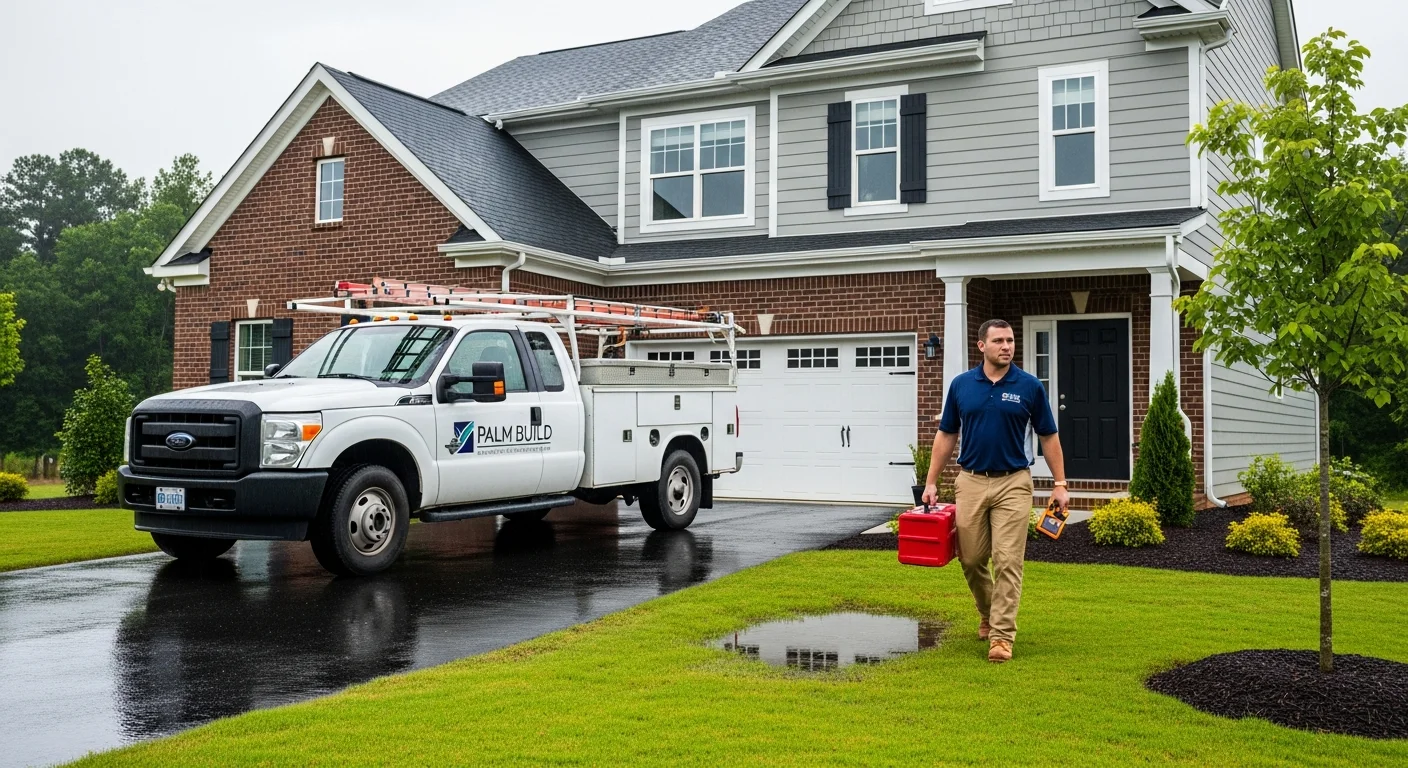 Palm Build restoration truck parked at a modern Waxhaw North Carolina subdivision home after rainstorm with Piedmont clay soil visible