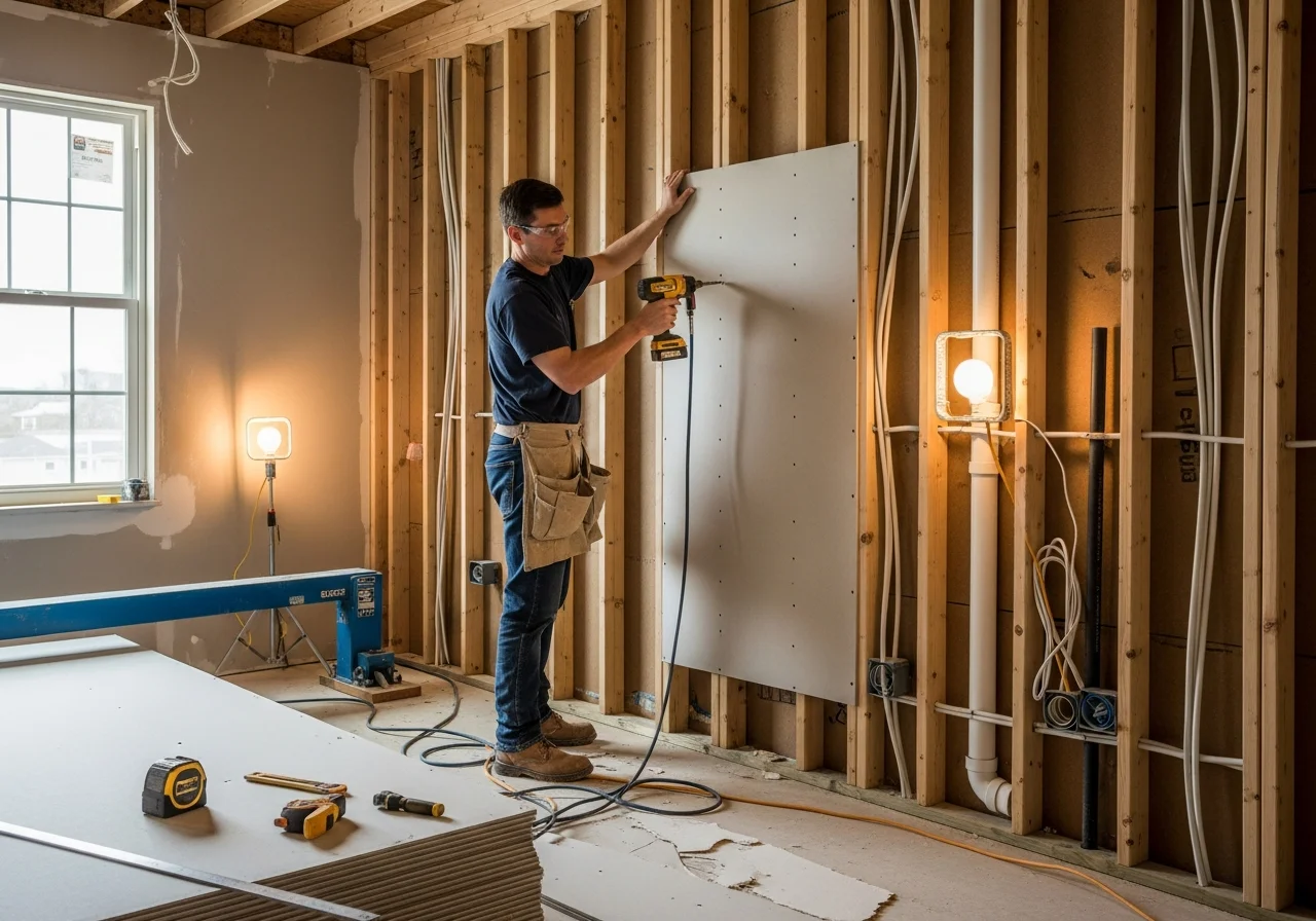 Palm Build crew installing new drywall during storm damage interior reconstruction in a modern Waxhaw NC home