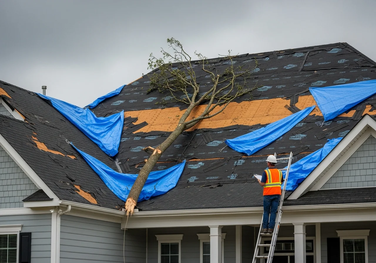 Palm Build technician performing storm damage roof assessment on a modern Waxhaw North Carolina subdivision home with Piedmont trees in background