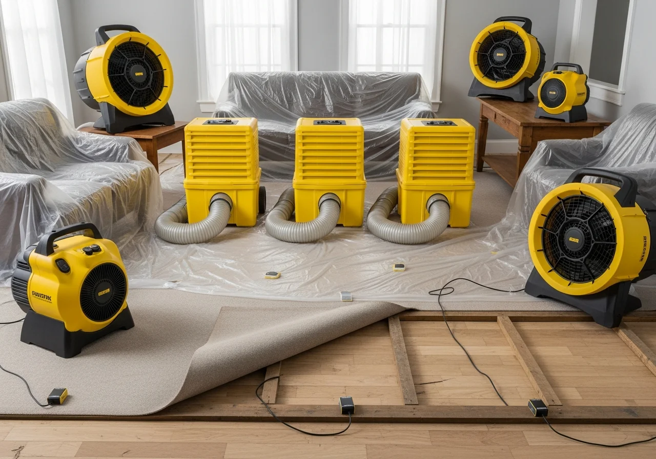 Commercial drying equipment set up in a water-damaged Waxhaw NC living room with dehumidifiers and air movers