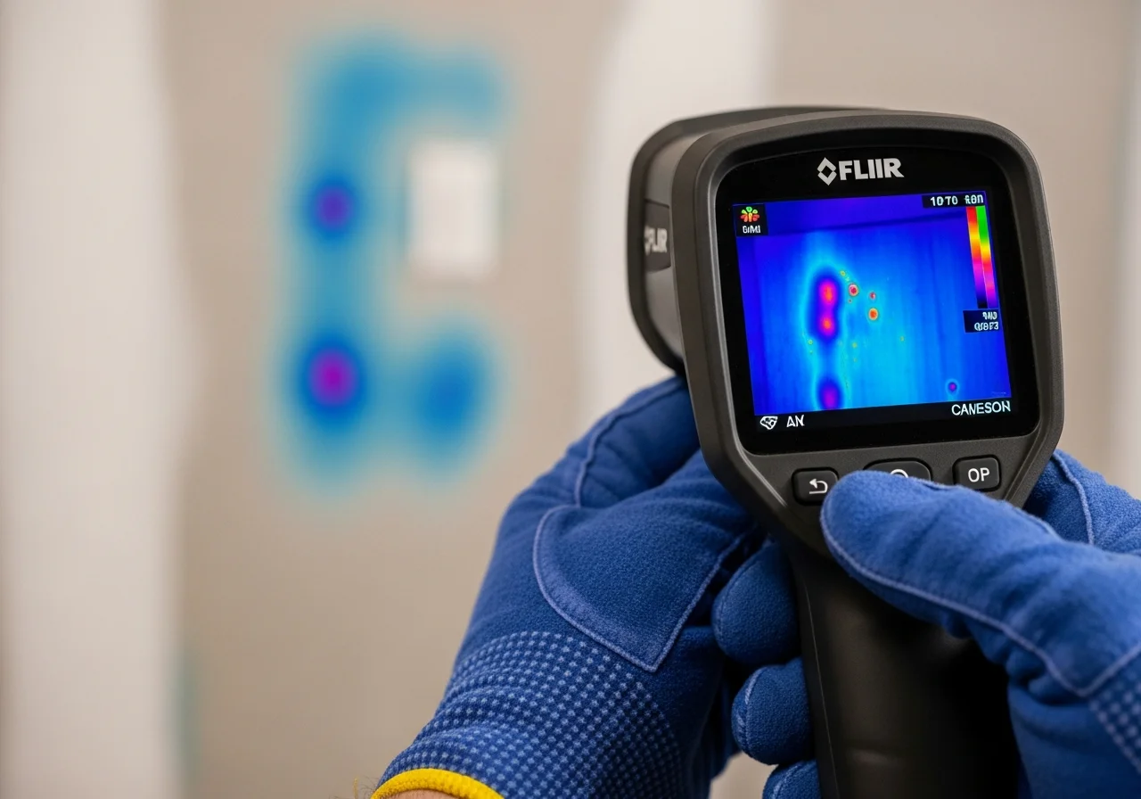 Thermal imaging camera showing moisture patterns behind a wall in a Waxhaw NC home