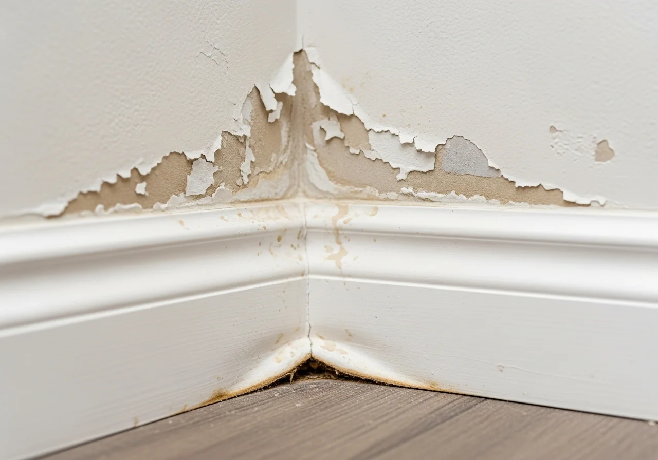 Water damage staining and paint bubbling on drywall near baseboard in a Waxhaw NC home before restoration