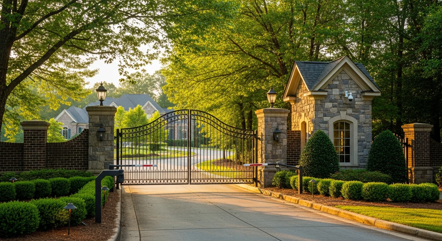 Gated entrance to a luxury HOA-governed community in Waxhaw NC with stone pillars and landscaping typical of Providence Downs
