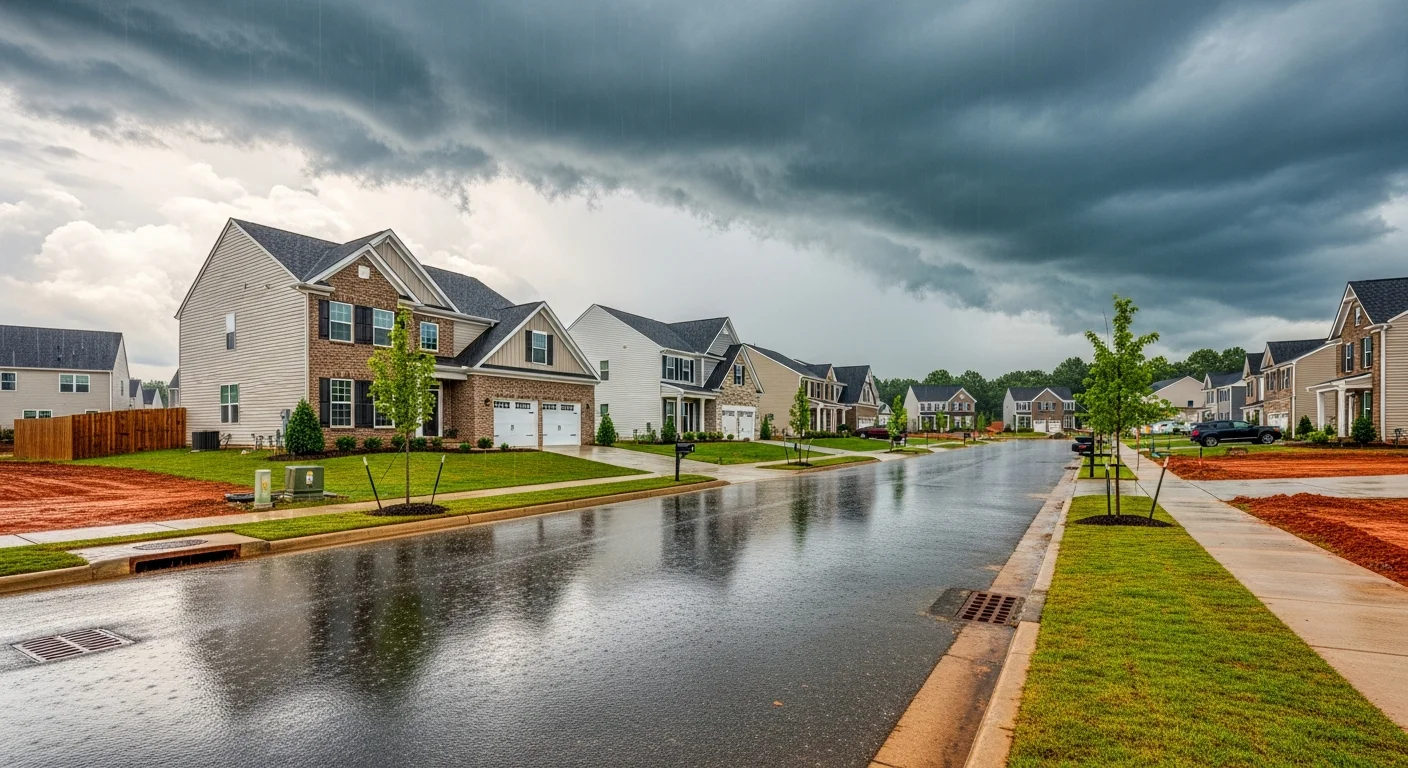 Waxhaw NC Piedmont subdivision during heavy rainstorm showing stormwater runoff over clay soils and overwhelmed storm drainage