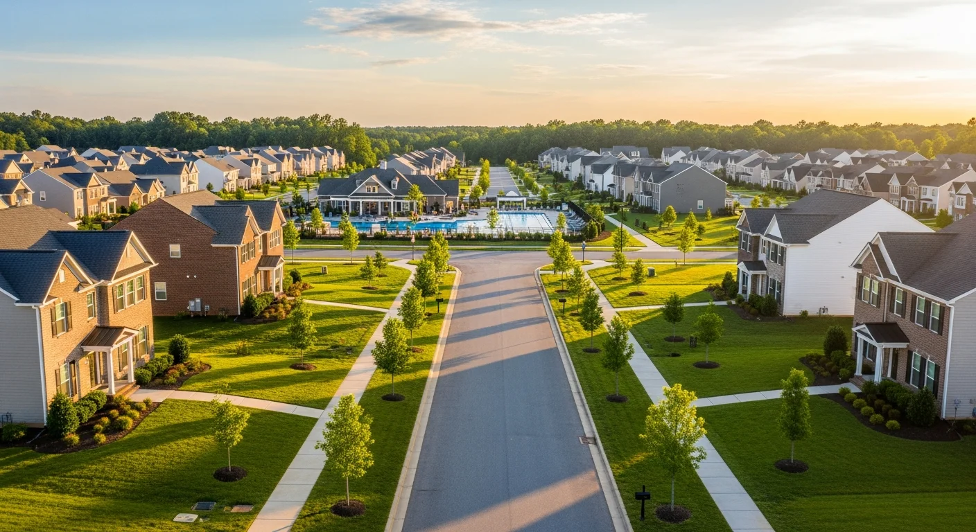 Aerial view of Waxhaw NC master-planned subdivision showing rooflines of 2000s-era homes where first-generation shingles are reaching replacement age