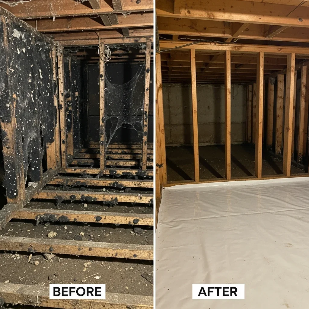 Extensive black mold growth on crawl space walls and floor joists beneath a Weddington NC estate home before remediation