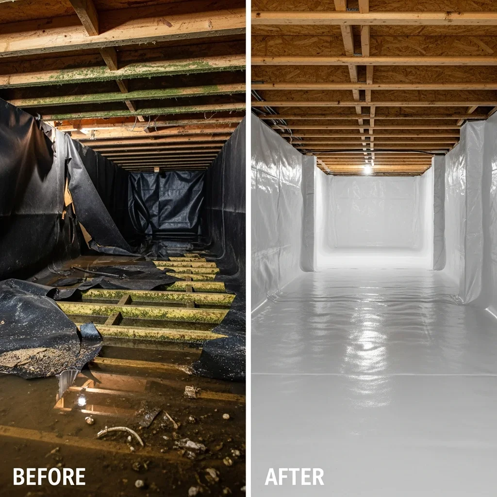Clean encapsulated crawl space with vapor barrier after Palm Build mold remediation in Weddington NC