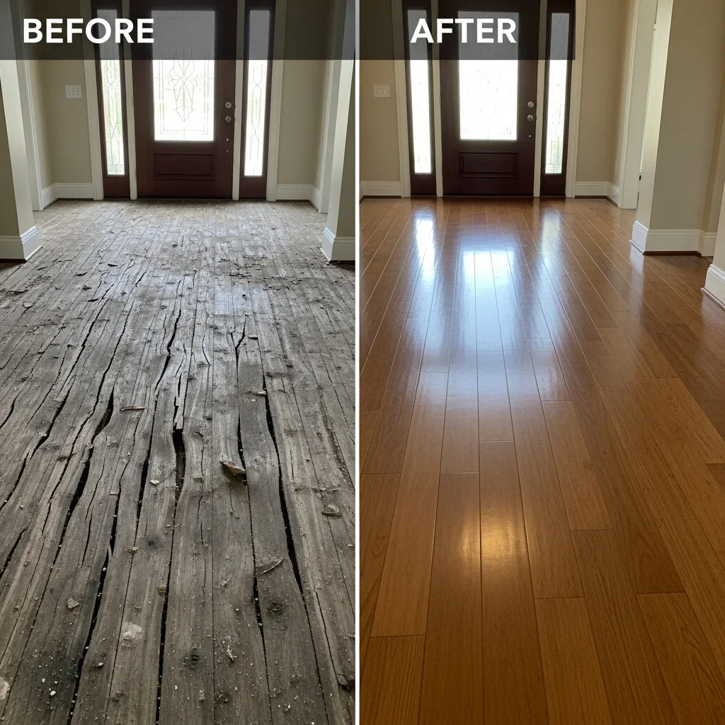 Severely buckled and warped hardwood floors in a Weddington NC estate home foyer after water damage