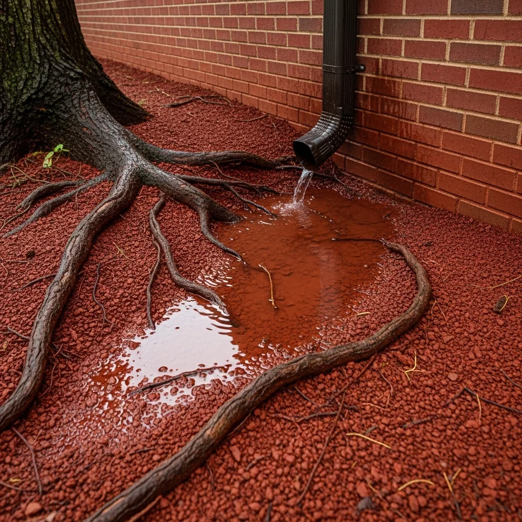 Saturated red Piedmont clay soil next to a brick estate foundation in Weddington NC with standing water pooling around a downspout discharge point and mature oak trees in the background