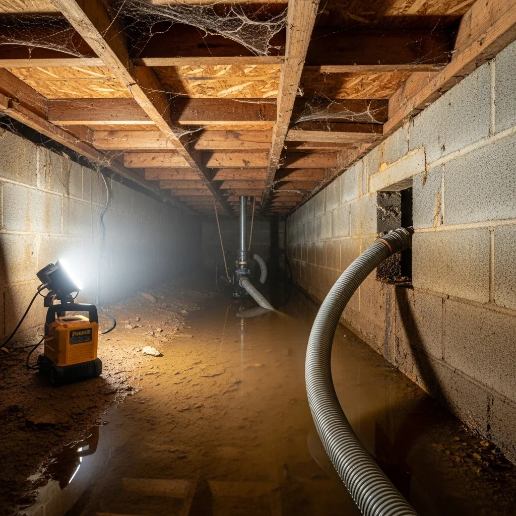 Standing water in a crawl space beneath a Weddington NC estate home with visible floor joists and water extraction equipment