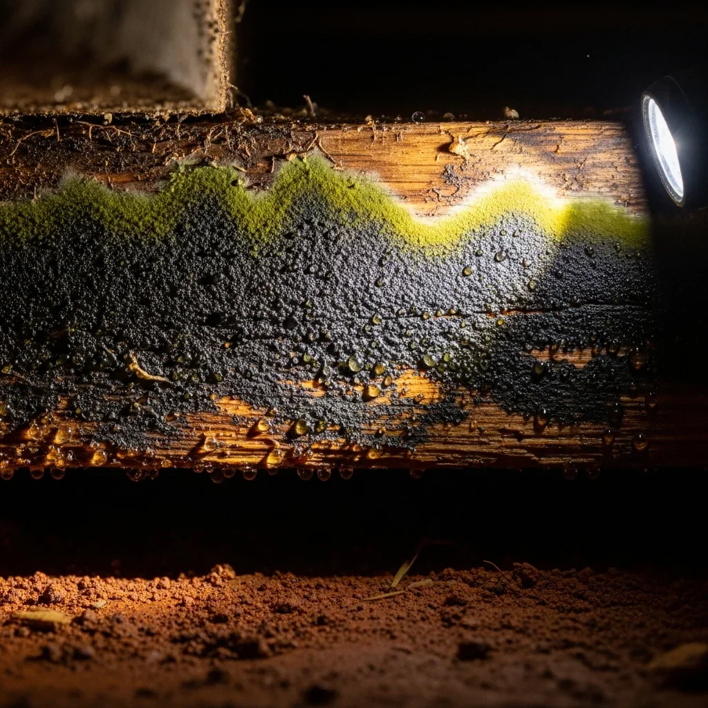 Dark mold growth on wooden floor joists in a crawl space beneath a Weddington NC estate home, clay soil visible below
