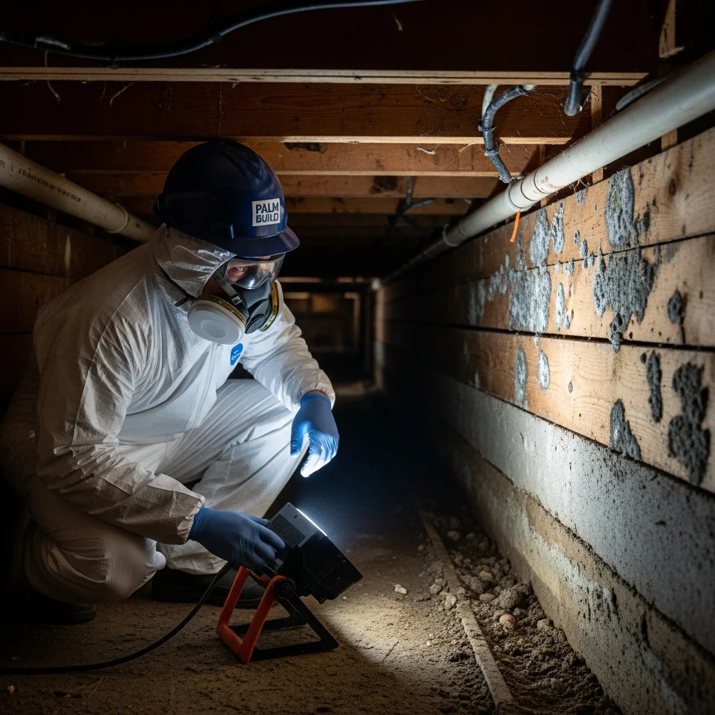 Palm Build mold remediation technician in full Tyvek PPE with respirator inspecting crawl space floor joists beneath a Weddington NC estate home