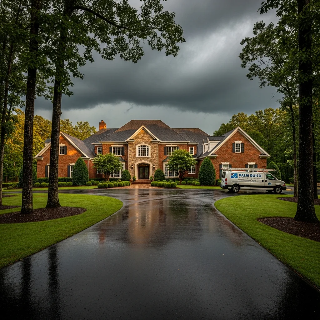 Large brick estate home on a one-acre lot in Weddington, North Carolina with a Palm Build restoration van in the driveway during an approaching thunderstorm, manicured landscaping and mature oak trees