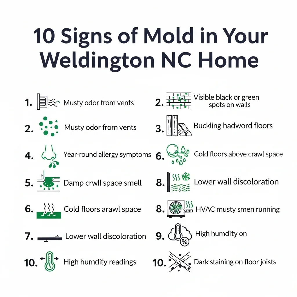 Infographic showing 10 signs of mold in Weddington NC homes with visual checklist