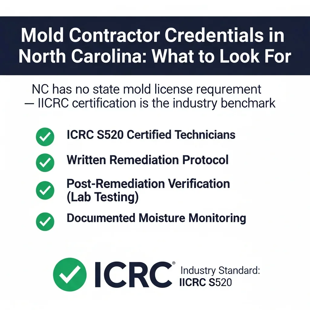 IICRC certification guidance infographic for North Carolina mold remediation contractors