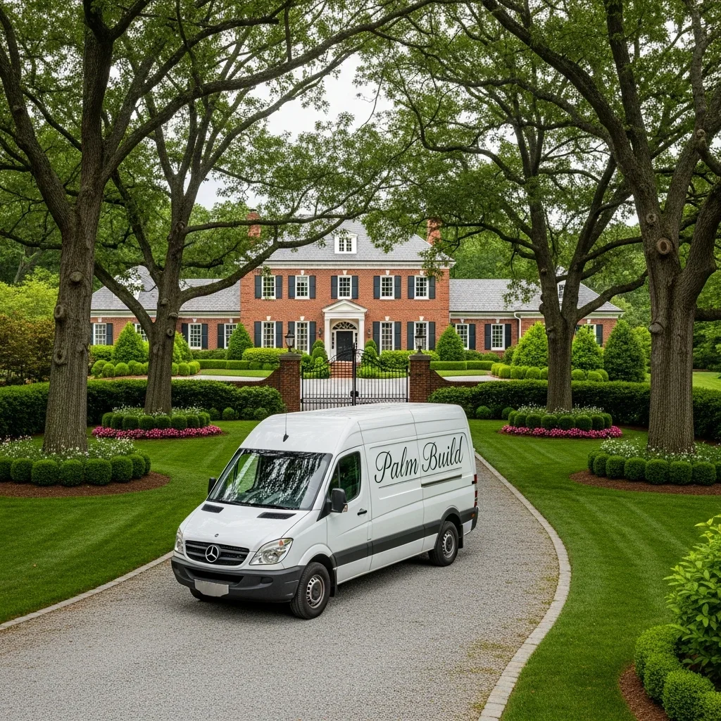 Palm Build white restoration van parked in the curved driveway of a large brick estate home in Weddington NC with manicured landscaping and mature oak trees