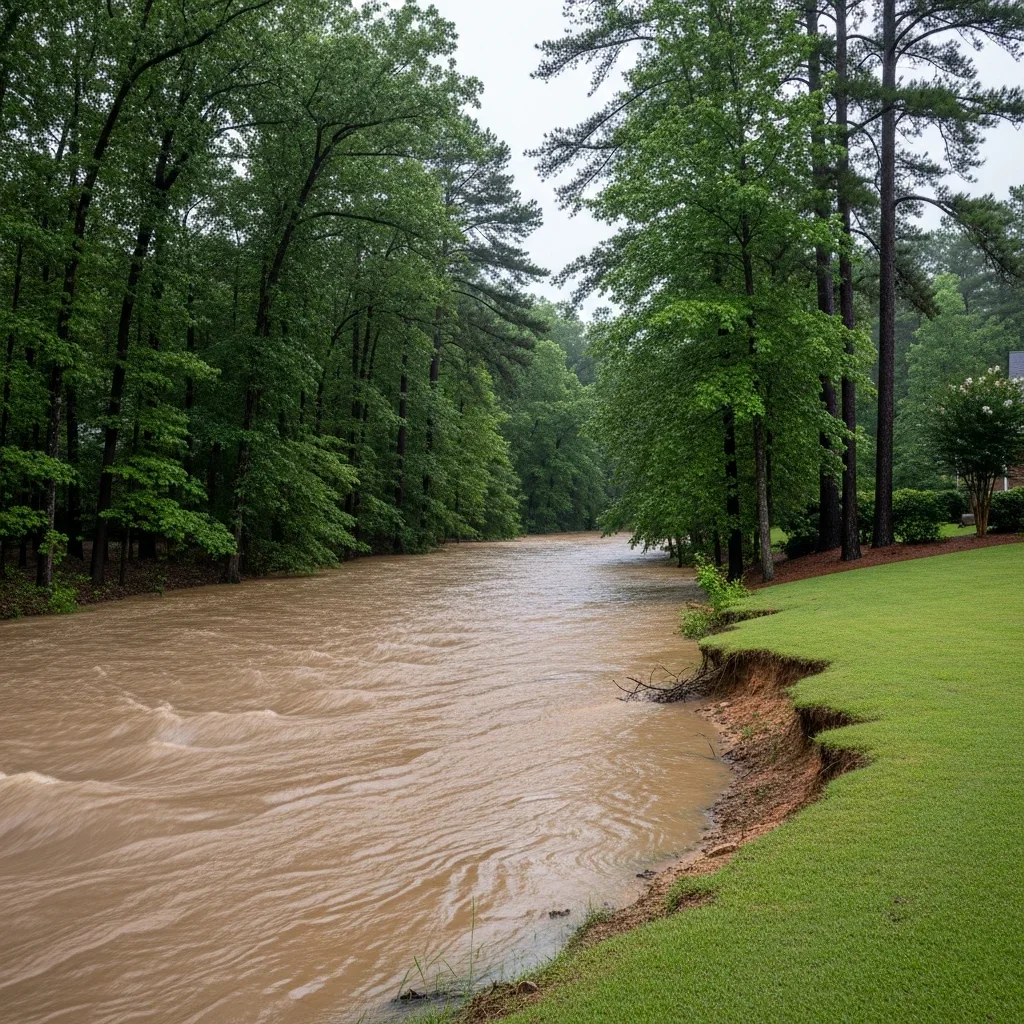 Six Mile Creek corridor in Weddington NC after heavy rain with swollen muddy water flowing through wooded residential area