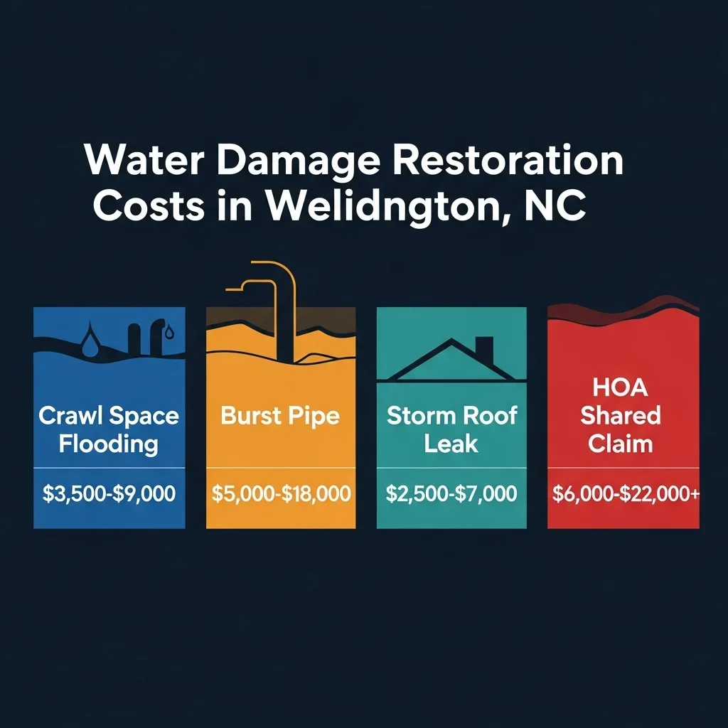 Water damage restoration cost guide infographic for Weddington NC showing price ranges for four common scenarios