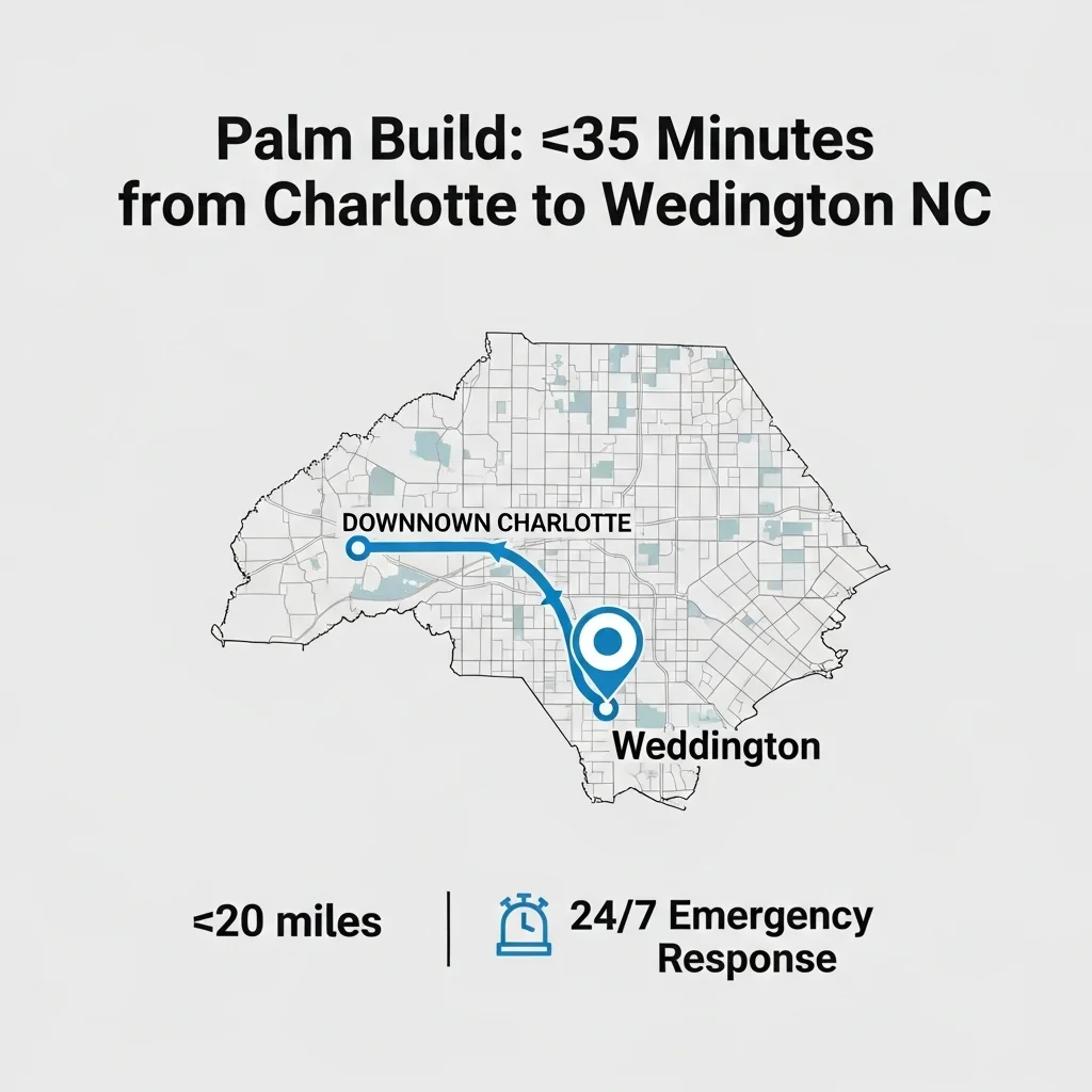 Palm Build response time infographic showing 35 minutes from Charlotte to Weddington NC with Union County map