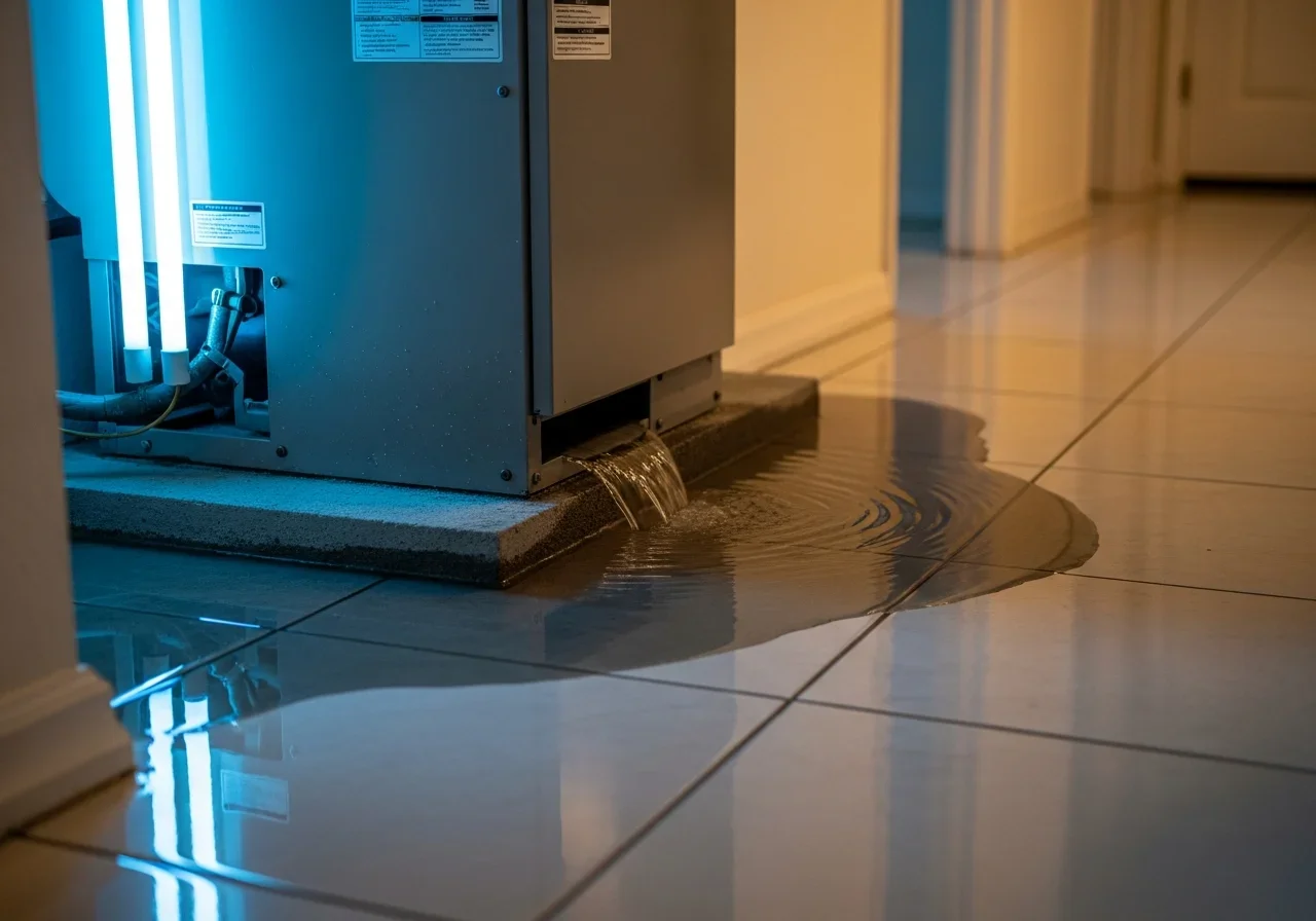 AC condensate drain line overflow causing water damage in a Wellington Florida home utility closet with standing water on tile floor