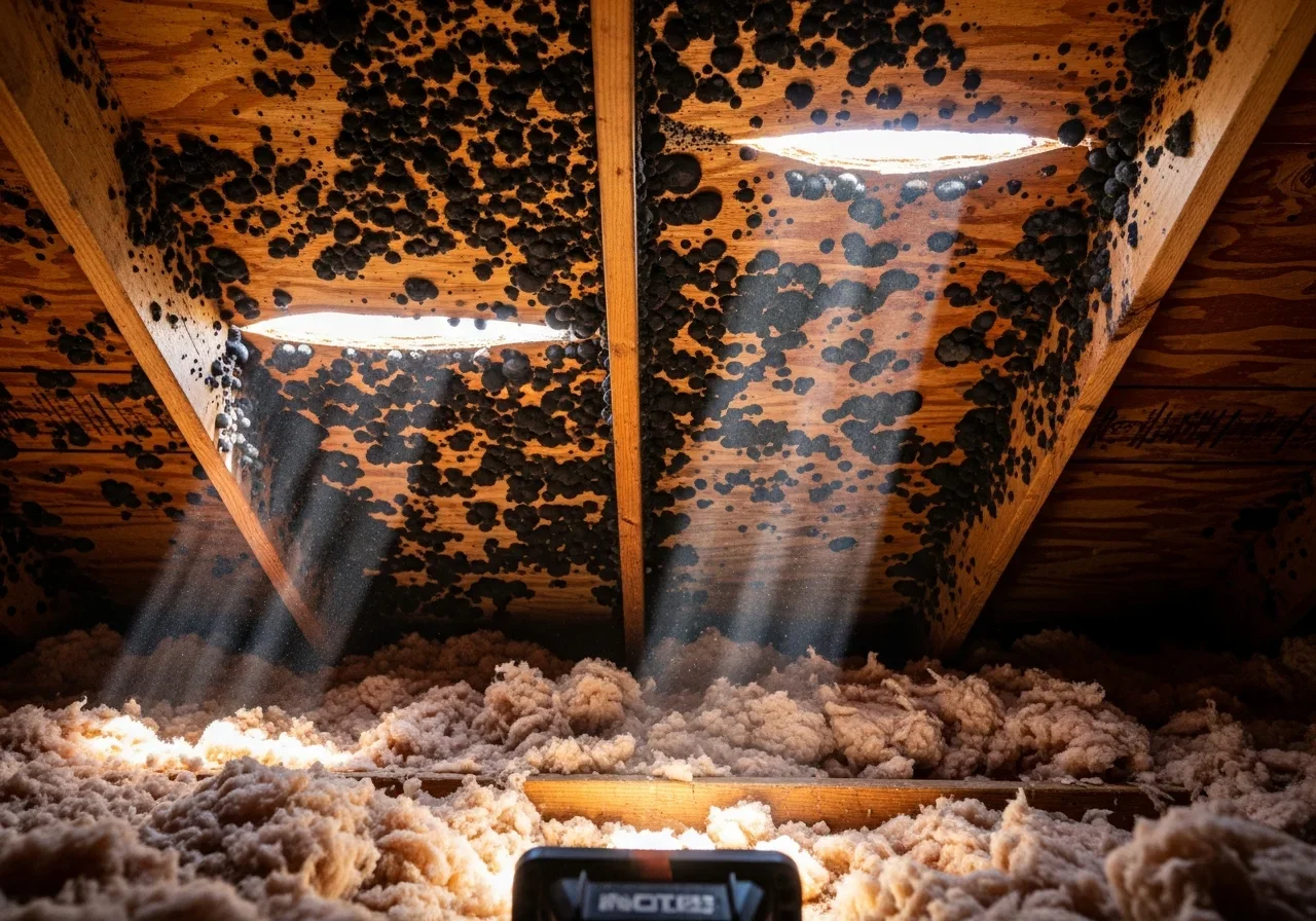 Extensive mold growth on attic roof decking in a Wellington, Florida home caused by inadequate ventilation and humidity