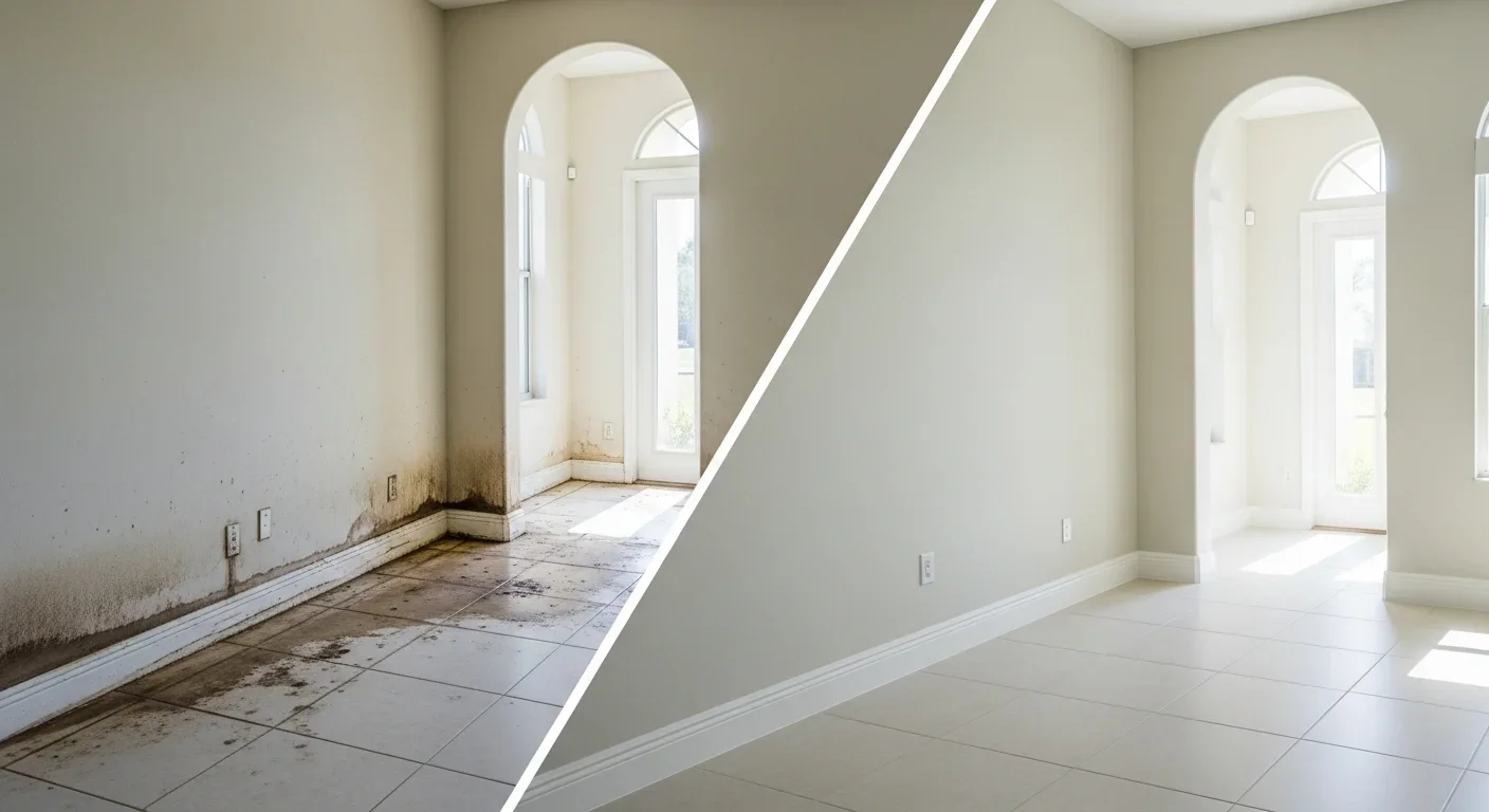 Before and after comparison of water damage restoration in a Wellington Florida home showing Palm Build complete restoration with matched finishes
