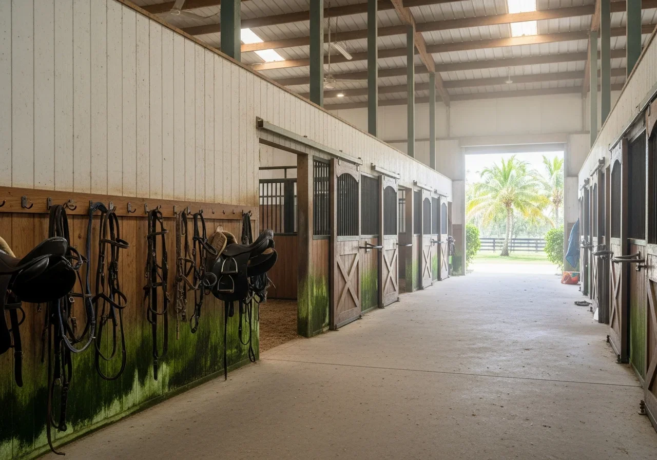 Mold growth on wood framing inside an equestrian barn in Wellington, Florida caused by condensation on metal roofing