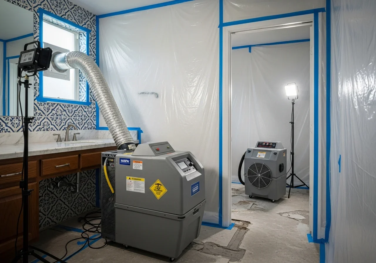 HEPA air scrubber operating inside mold containment zone during active remediation in a Wellington, Florida residence