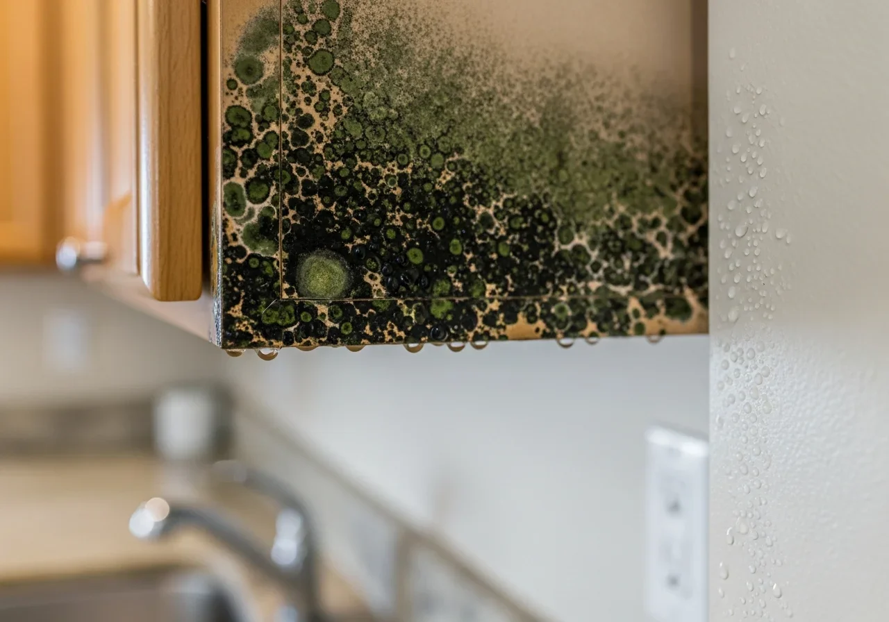 Black mold growth discovered behind kitchen cabinets during renovation in a Wellington, Florida CBS block home