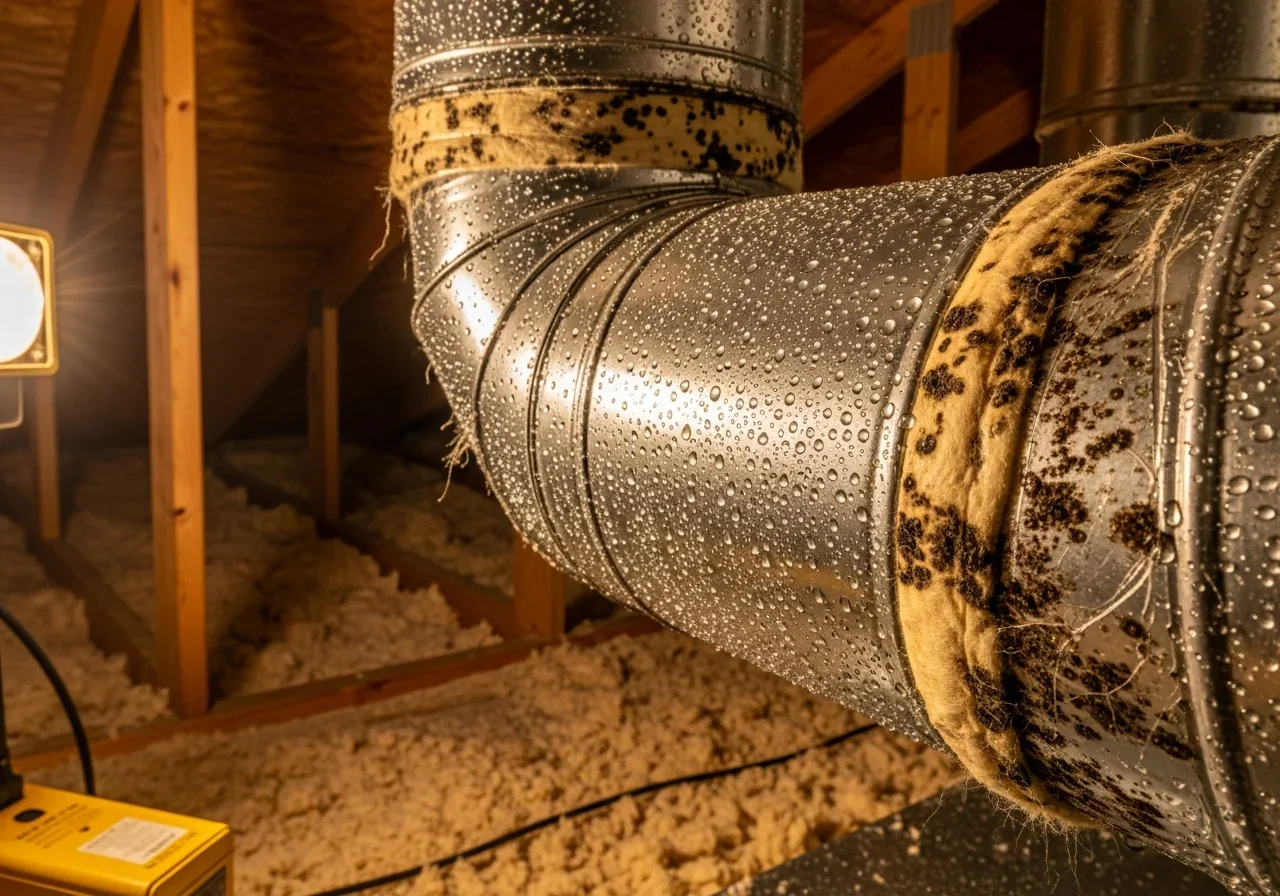 Mold growth on HVAC ductwork caused by condensation in a Wellington, Florida attic showing black mold on flex duct insulation