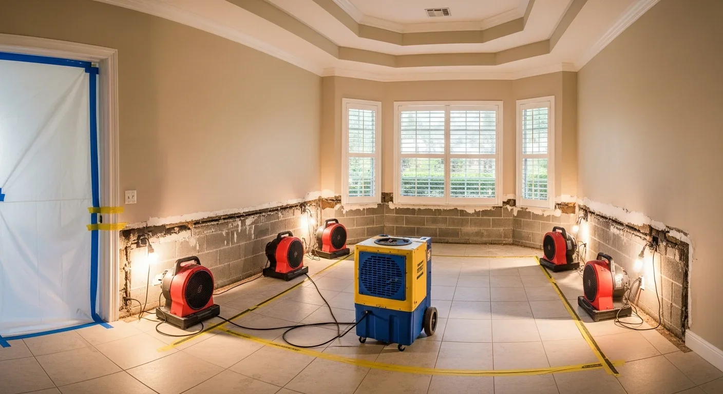 Commercial LGR dehumidifiers and air movers set up for structural drying in a Wellington Florida master bedroom after water damage