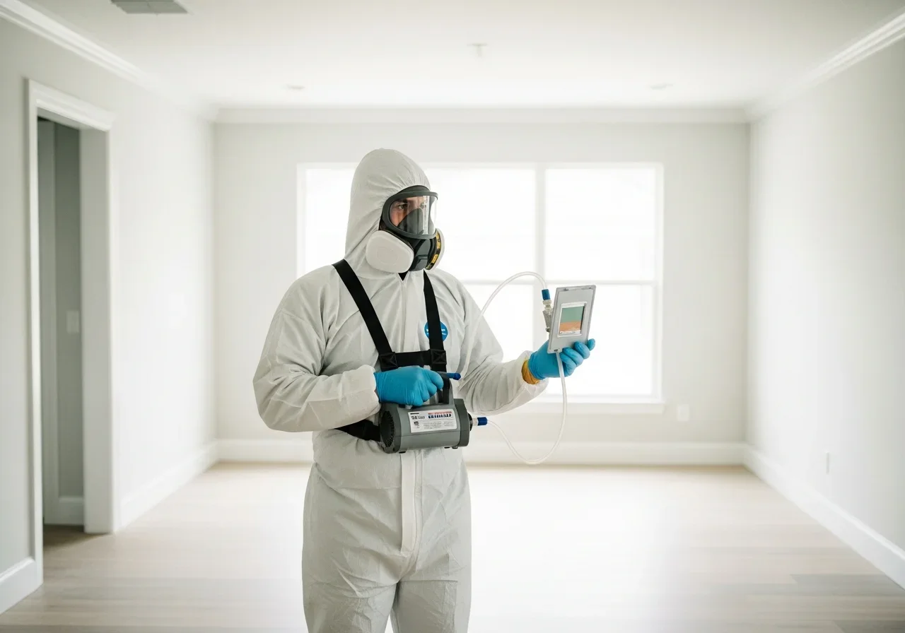 Post-remediation mold clearance air sampling test being conducted in a Wellington, Florida residence