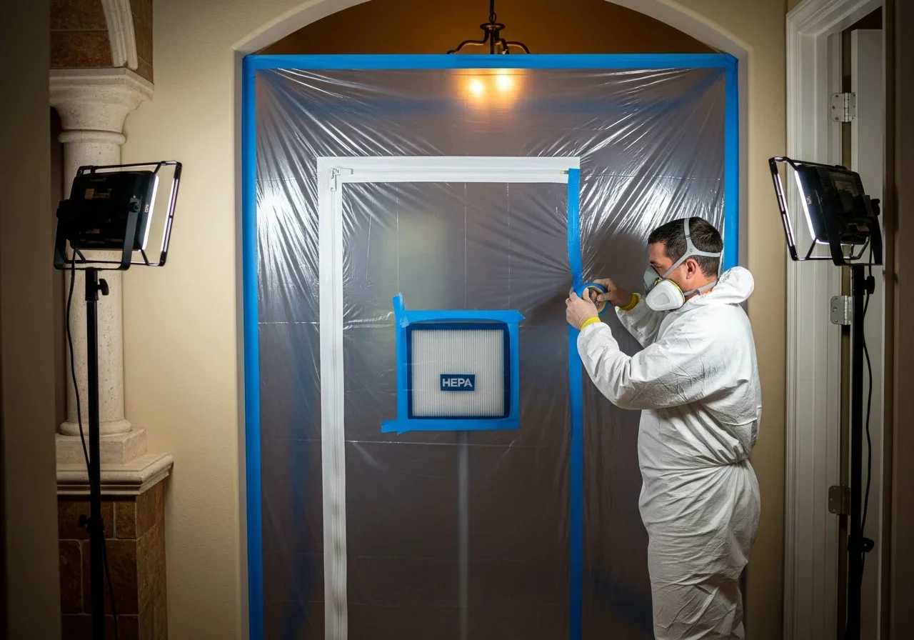 Palm Build crew constructing mold containment barriers with polyethylene sheeting and negative air pressure in a Wellington, Florida home