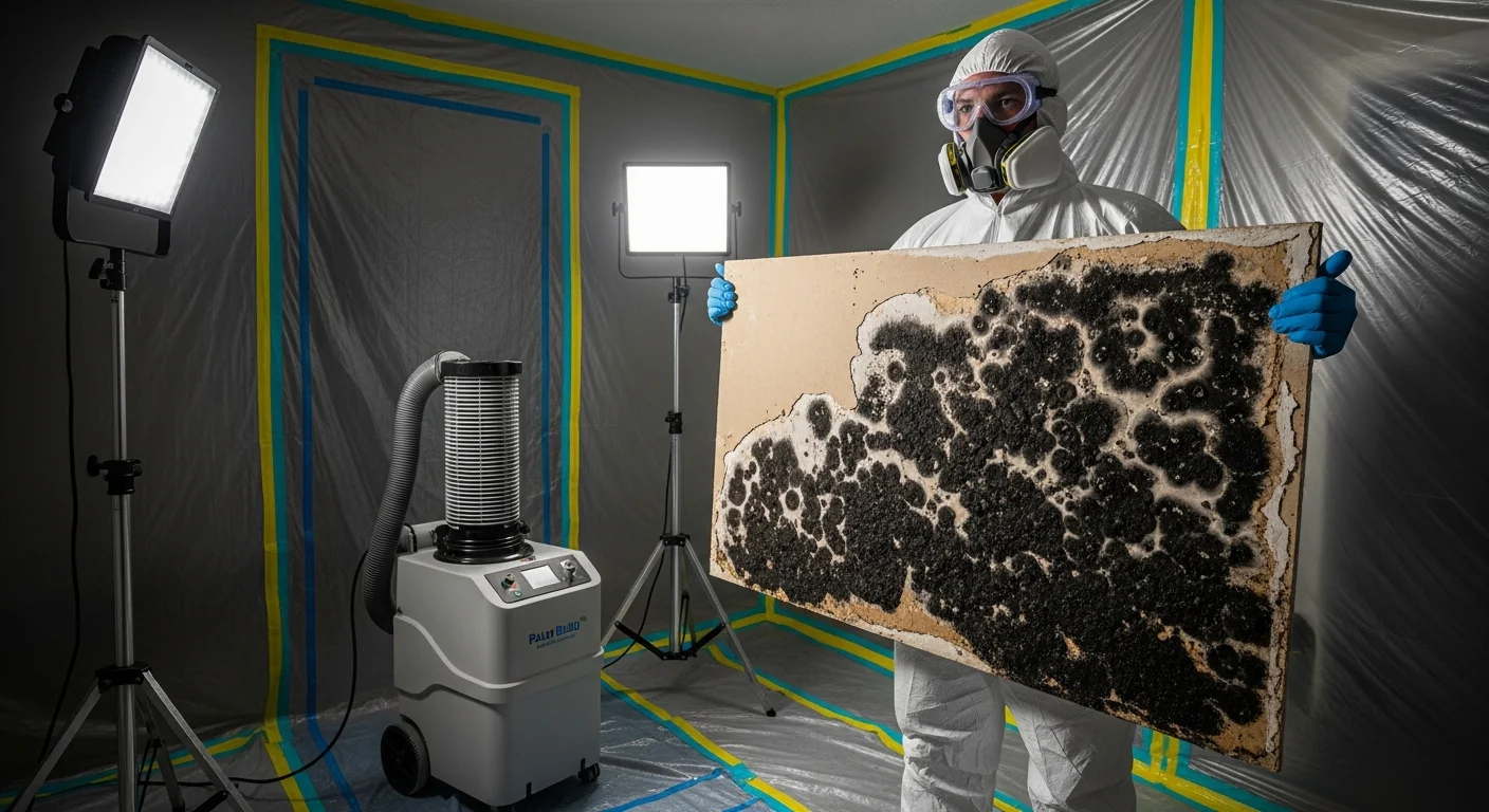 Palm Build technician in full PPE revealing black mold on removed drywall during mold remediation in a Wellington, Florida home