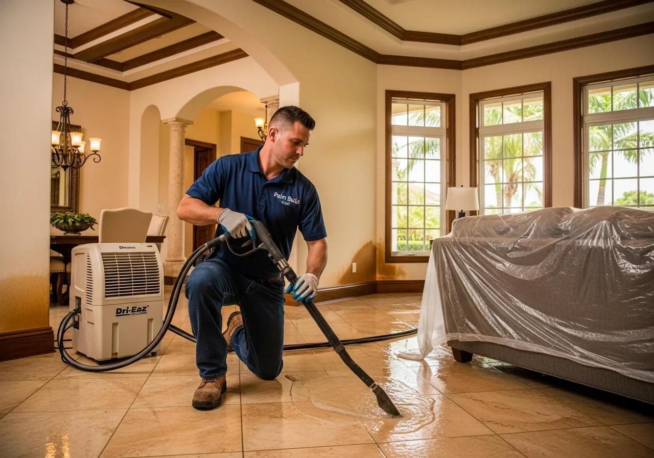 Palm Build IICRC-certified technician performing truck-mounted water extraction in a Wellington Florida home with commercial drying equipment