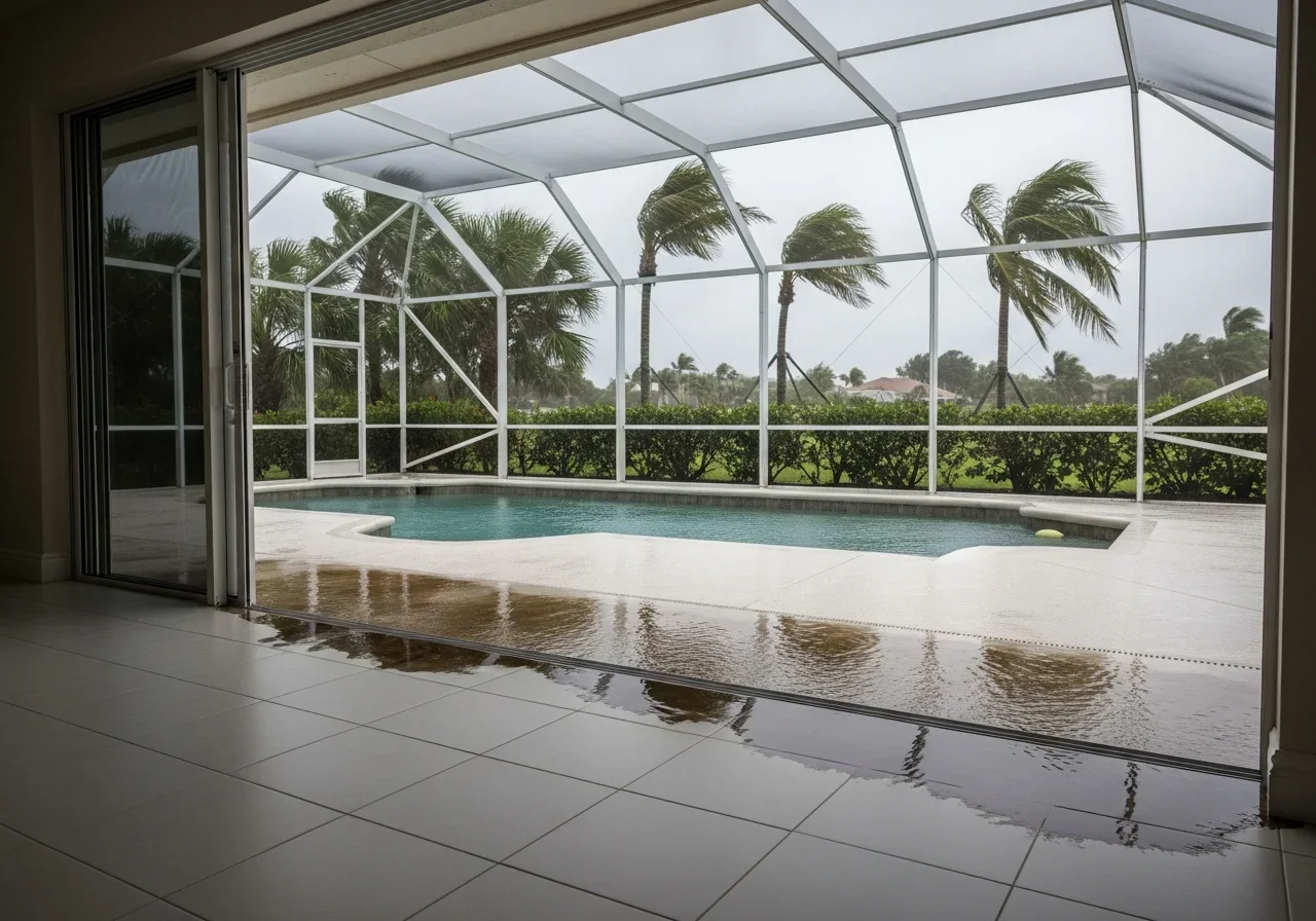 Pool enclosure rain intrusion causing water damage to adjacent interior rooms in a Wellington Florida home during heavy thunderstorm