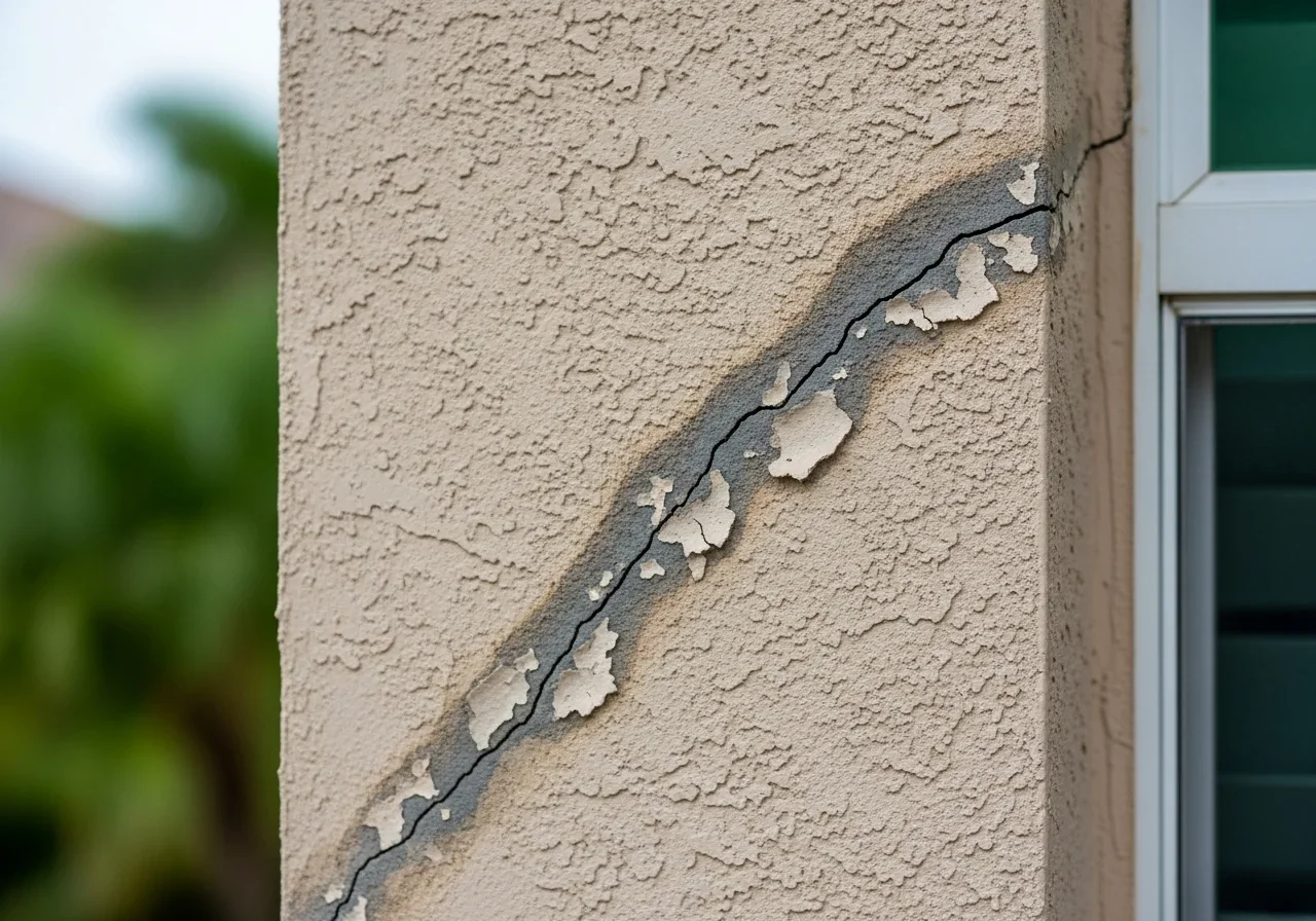 Close-up of stucco crack moisture intrusion on a Wellington Florida home showing hidden water entry point common in CBS construction