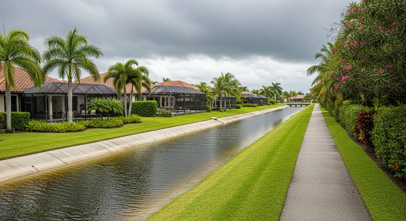Wellington Florida Acme Improvement District drainage canal running behind residential homes showing water management infrastructure relevant to flood risk