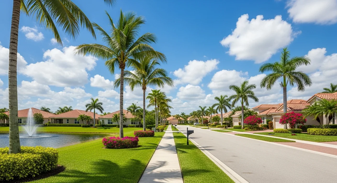 Tree-lined residential street in Wellington Florida Olympia neighborhood showing Mediterranean-style CBS homes common to the area