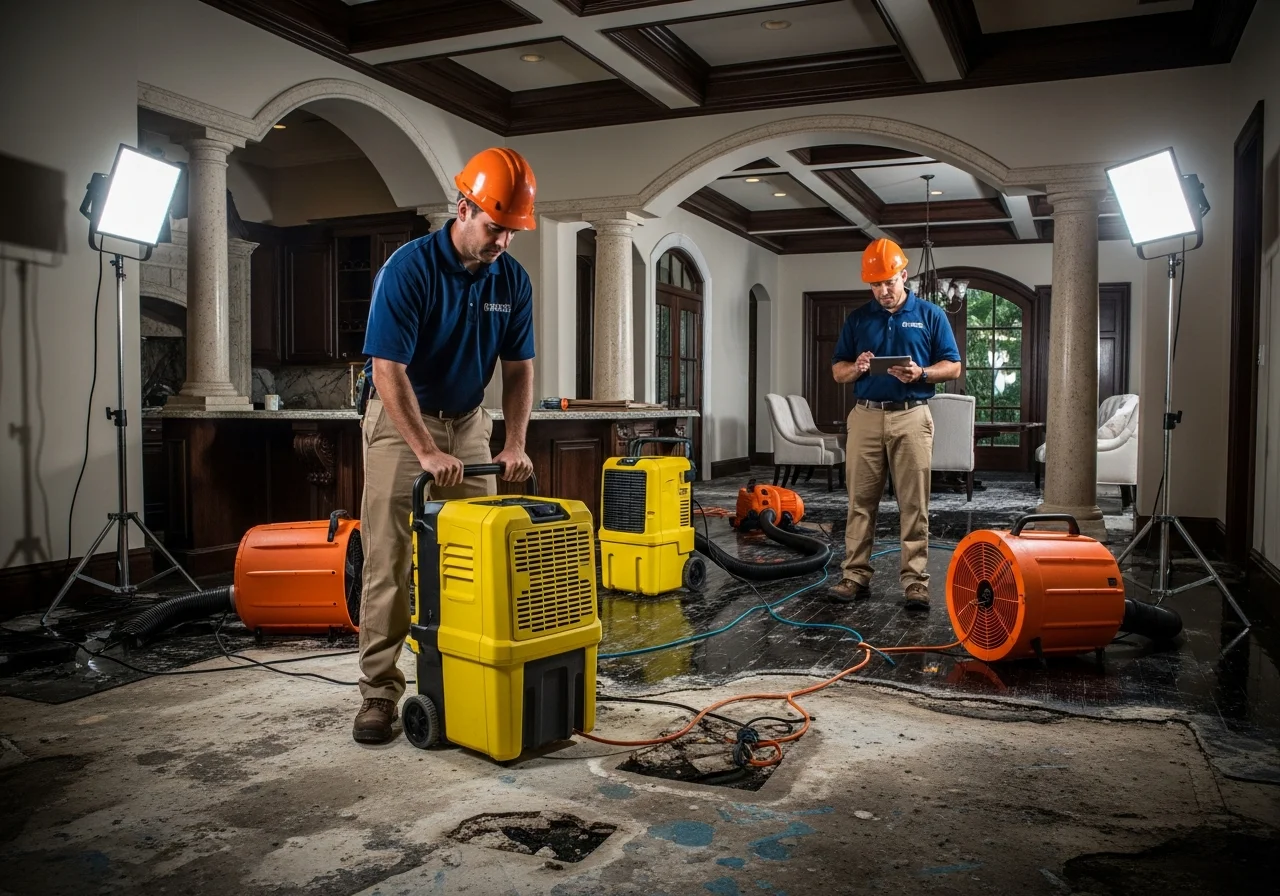 Palm Build commercial drying equipment deployed in a West Palm Beach Florida condominium showing dehumidifiers and air movers