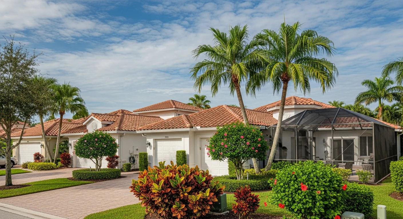 Gated community homes in West Palm Beach Florida showing HOA-governed residential properties with tropical landscaping and community entrance