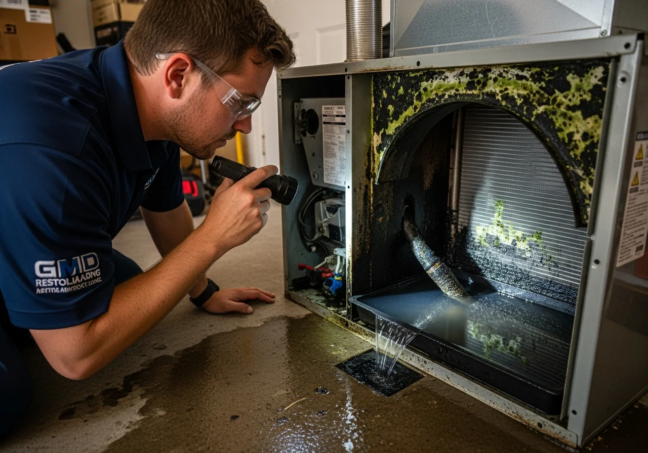 Palm Build technician inspecting HVAC condensation and moisture damage in a West Palm Beach Florida HOA property